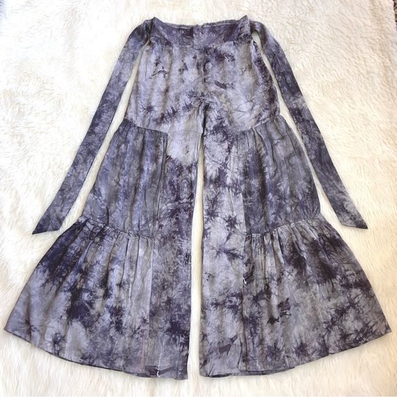 Eesome Smoky Purple Gray High Waist Tiered Flared Tie Dye Wide Leg Palazzo Pants - Picture 9 of 15